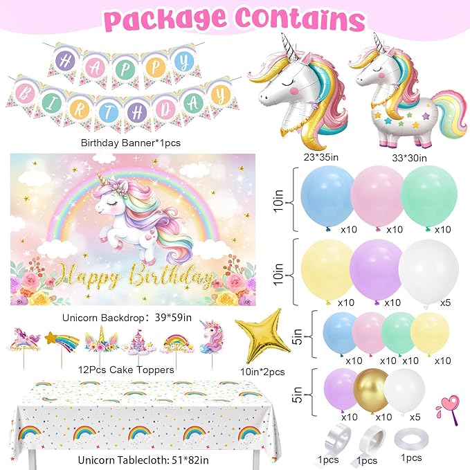 142Pcs Pastel Unicorn Party Decorations Birthday Supplies for Girls