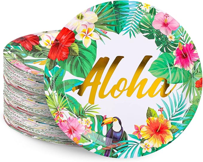Paper Plates 9 Inch Disposable Tropical Hawaiian Luau Design 40Pcs