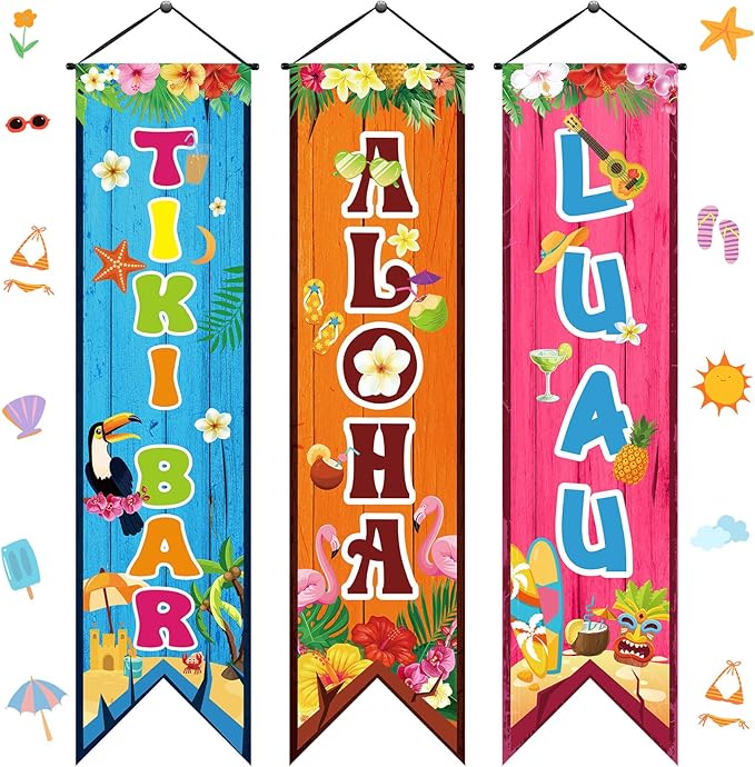3 Pcs Hawaiian Banners Aloha Luau Porch Sign Tiki Bar Hanging Flag