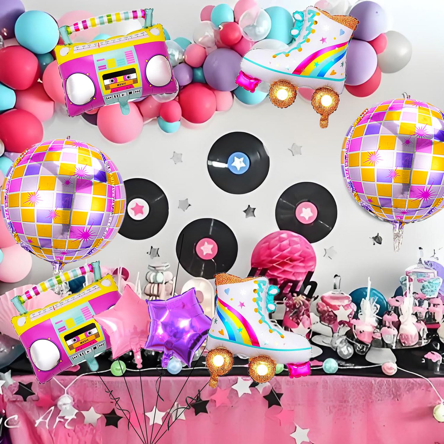 8 PCS Disco Balloons Radio Boombox Roller Skate Balloons for 80s 90s