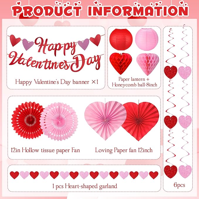 Valentines Day Decorations with Banner Pink Red Heart Shaped Paper