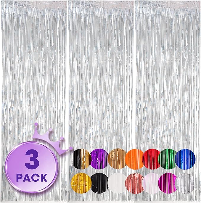 Voircoloria 3 Pack 3.3x8.2 Feet Laser Silver Foil Fringe Backdrop