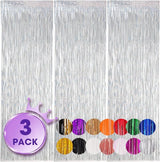 Voircoloria 3 Pack 3.3x8.2 Feet Laser Silver Foil Fringe Backdrop