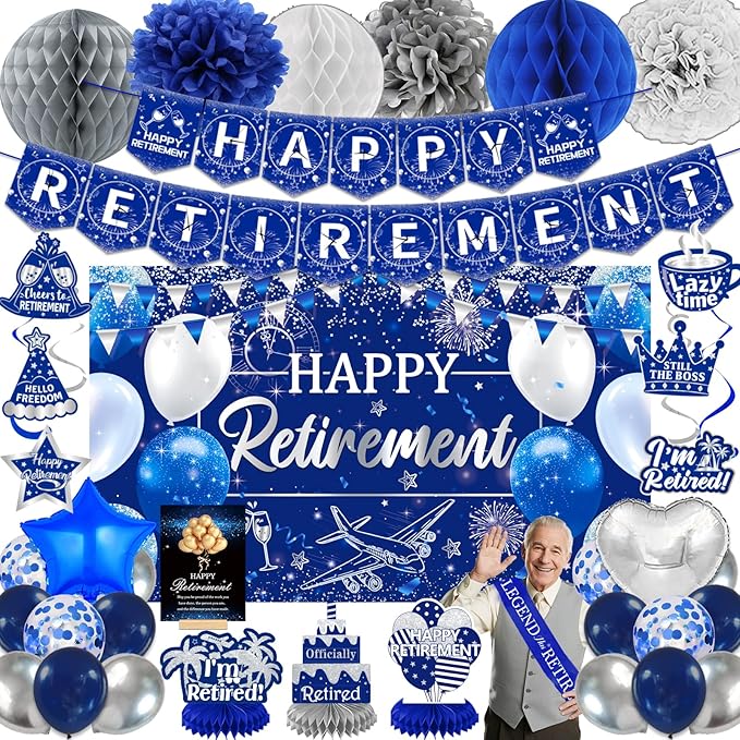 Happy Retirement Party Decorations for Men Women Blue Silver Happys