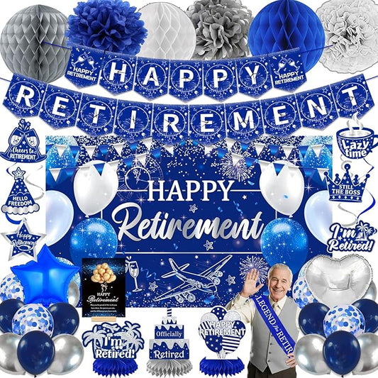 Happy Retirement Party Decorations for Men Women Blue Silver Happys
