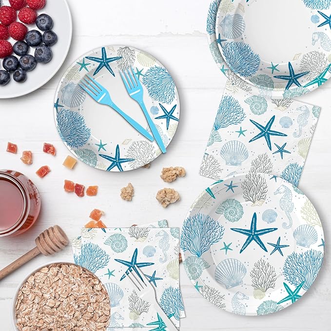 96Pcs Coastal Beach Party Decorations Blue Seashell Starfish Coral