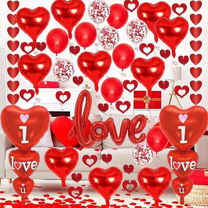 Valentines Day Decorations with I Love You and Red Heart Foil