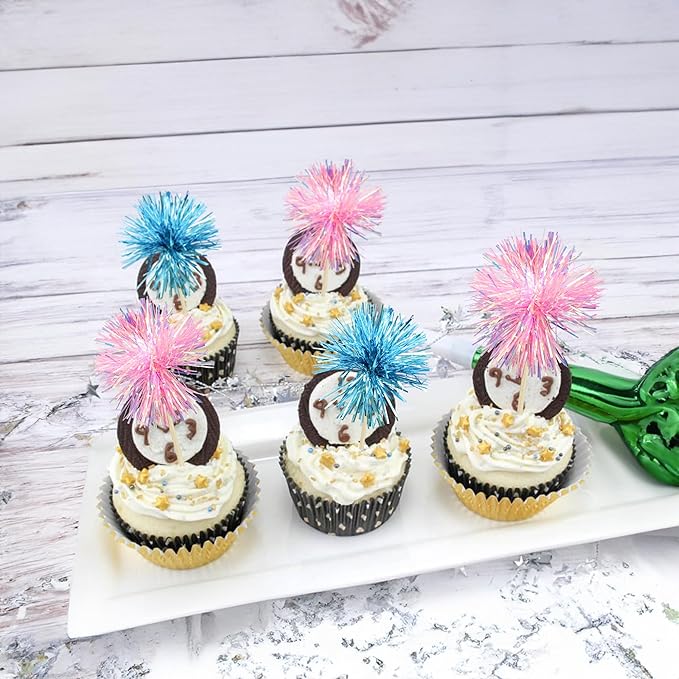 Gyufise 30Pcs Foil Firework Cupcake Toppers Sparkle Tinsel Cake #24