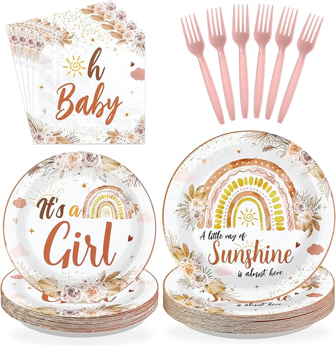 96 Pcs Boho Baby Shower Decorations for Girl Disposable A Little Ray