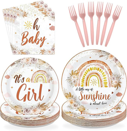 96 Pcs Boho Baby Shower Decorations for Girl Disposable A Little Ray
