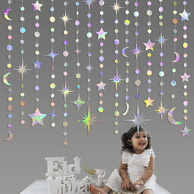 Iridescent Star Moon Circle Dot Garland Party Decoration Kit Hanging