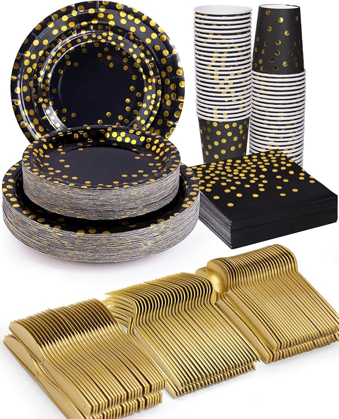 350 Pieces Party Supplies, Black and Gold Party Plates Cups and