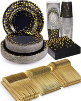 350 Pieces Party Supplies, Black and Gold Party Plates Cups and