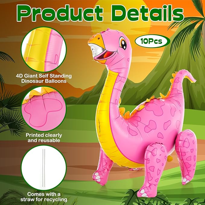 10 Pcs Giant Dinosaur Balloons 4d Dino Aluminum Foil Self Standing