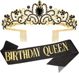 Black & Gold Party Decorations - Happy Birthday Crown Tiara Sash,