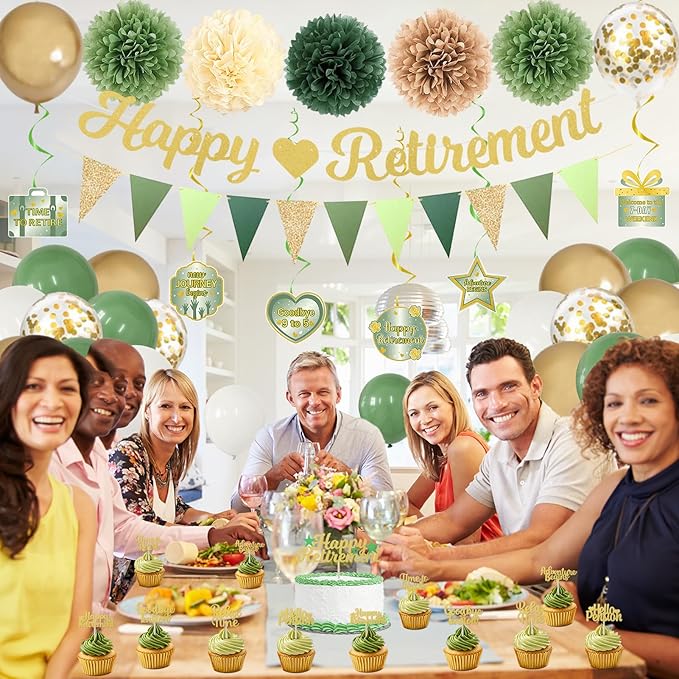 Retirement Party Decorations Women Men Green Happy Retirement Banner
