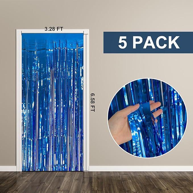 5 Pack Foil Curtain Backdrop Blue Metallic Tinsel Foil Fringe