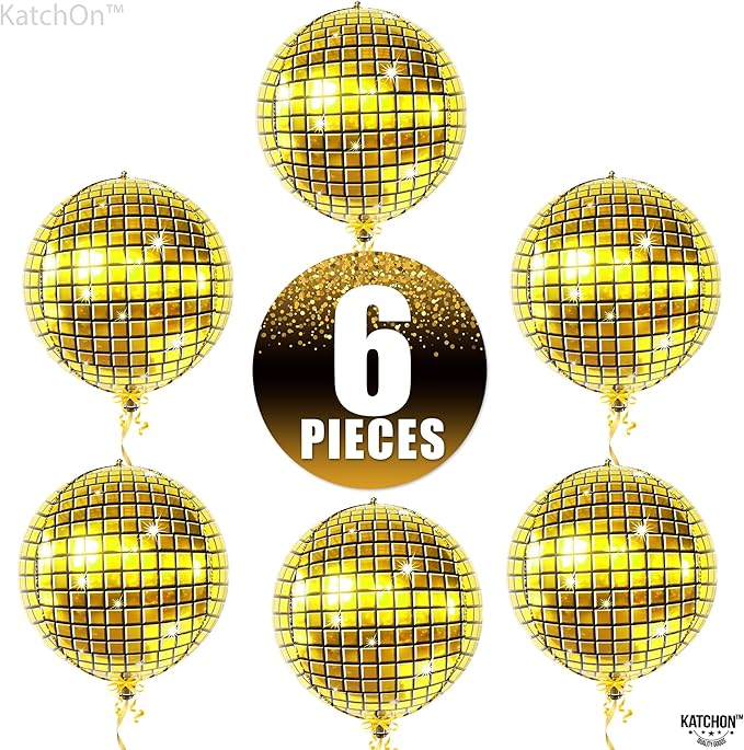 KatchOn, Huge Gold Disco Ball Balloons - 22 Inch Pack of 6 | 4D Disco