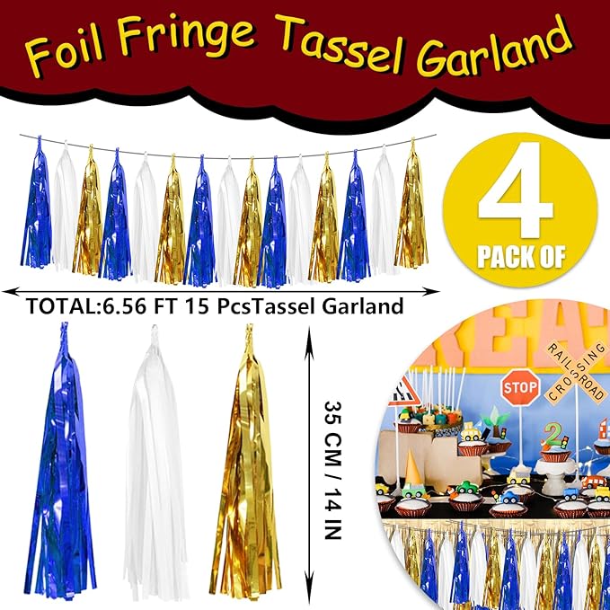4 Pack Navy-Blue White and Gold Foil Fringe Tassel Banner Garland