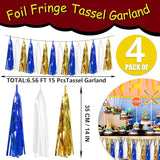 4 Pack Navy-Blue White and Gold Foil Fringe Tassel Banner Garland