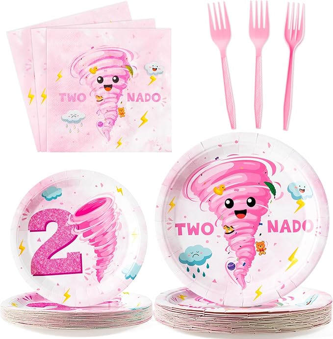 96Pcs Two Nado Pink Tornado 2nd Birthday Party Plates Supplies Party