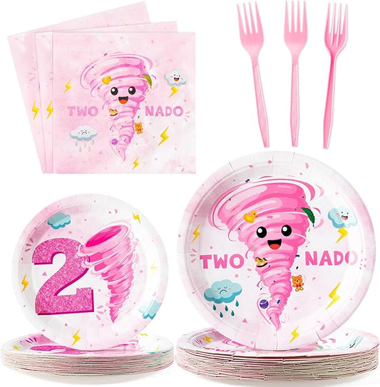 96Pcs Two Nado Pink Tornado 2nd Birthday Party Plates Supplies Party