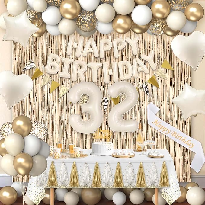 32nd Birthday Decorations for Women, White and Gold 32 Boho Birthday