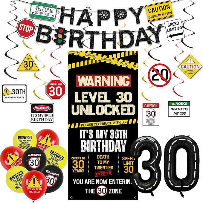 30th Birthday Decorations Men Women Caution Logo Level 30 Unlocked