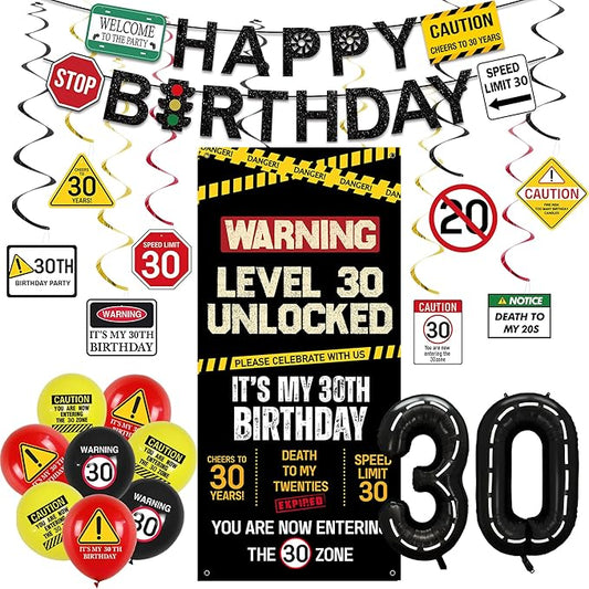 30th Birthday Decorations Men Women Caution Logo Level 30 Unlocked