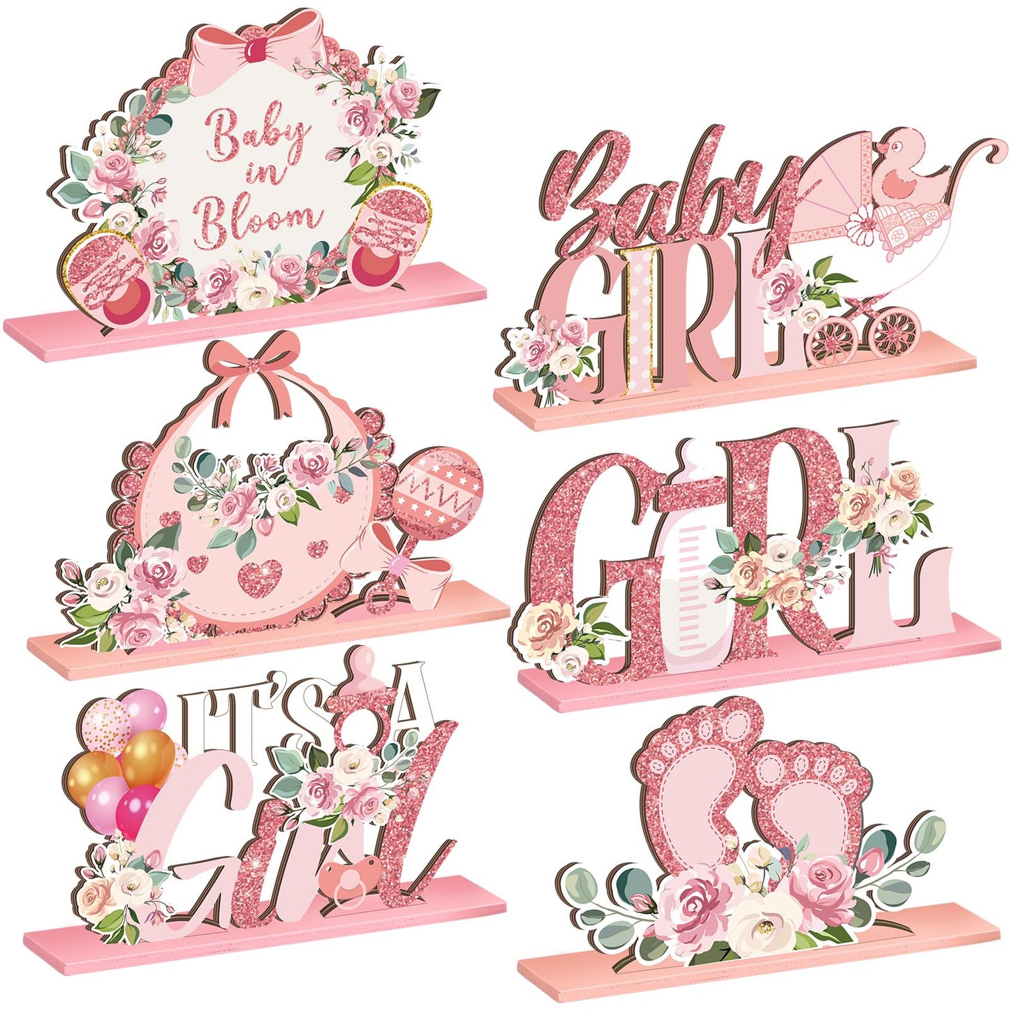 6 Pcs Floral Baby Shower Table Decoration Flower Girl Birthday Wooden