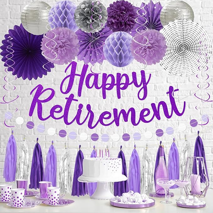 Retirement Party Decorations Women Purlpe Glitter Happy Retirement