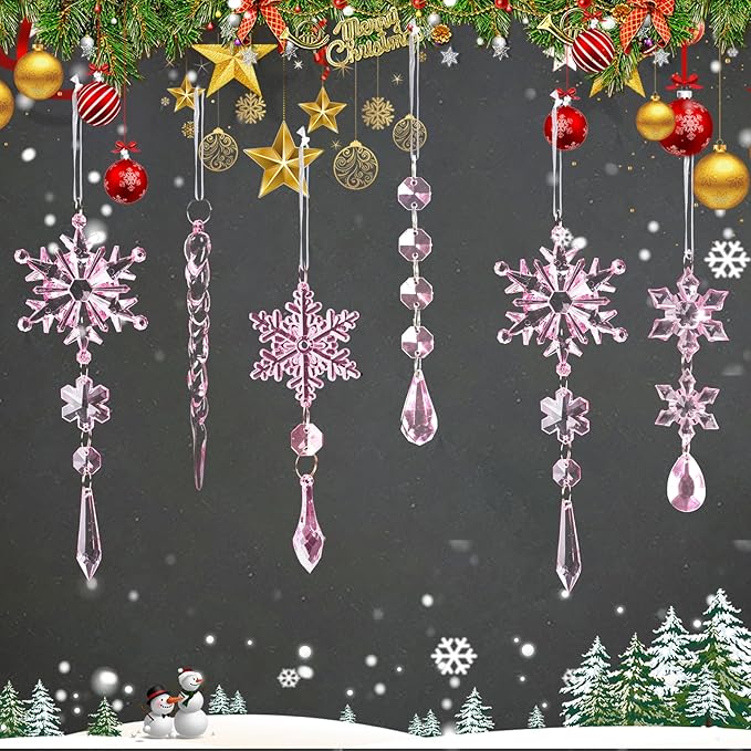 18pcs Crystal Christmas Ornaments for Christmas Tree Decorations-Pink