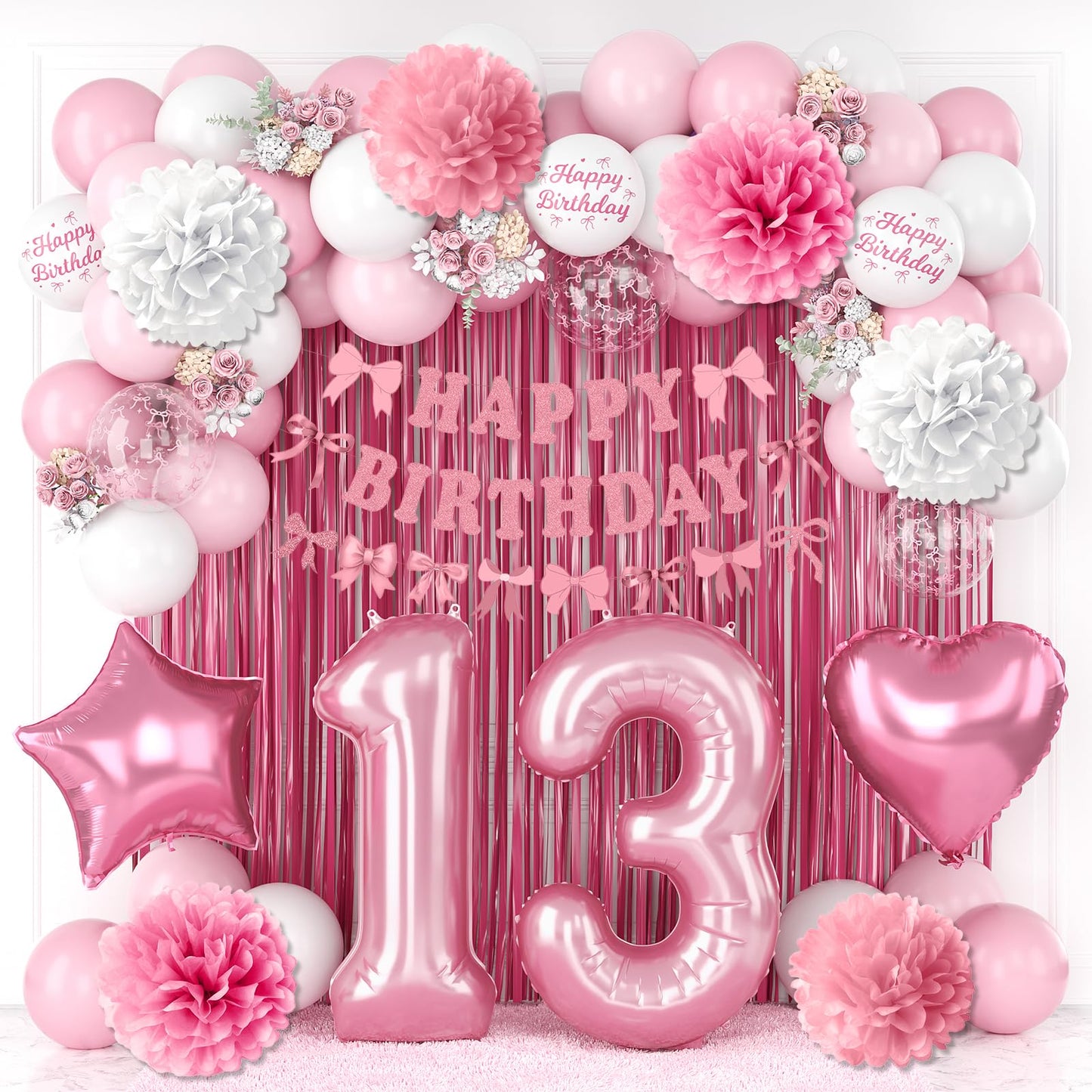 13th Birthday Decorations for Girls Pink Number 13 Balloon Bow