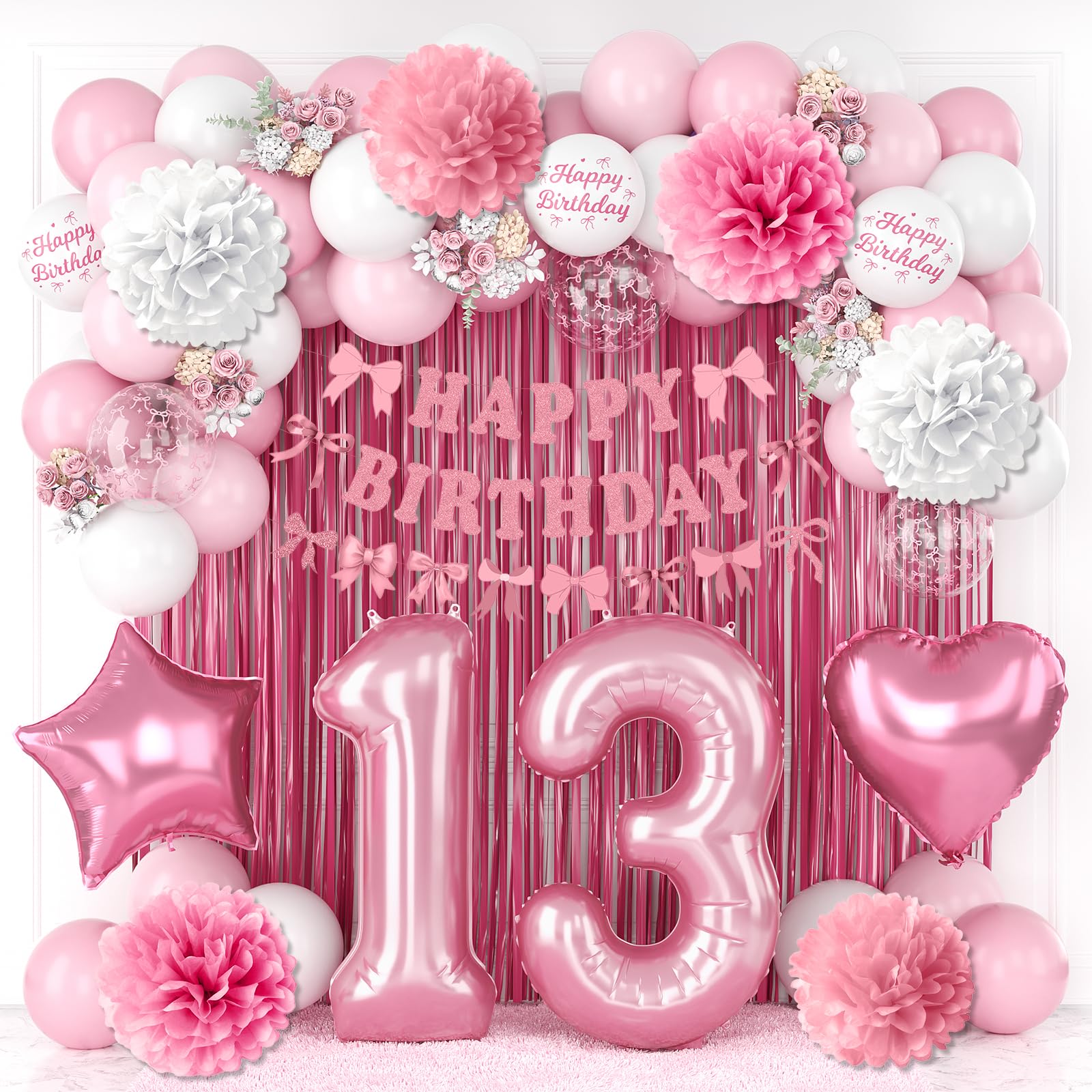 13th Birthday Decorations for Girls Pink Number 13 Balloon Bow