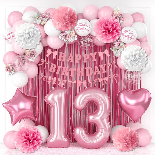 13th Birthday Decorations for Girls Pink Number 13 Balloon Bow