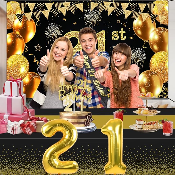 21st Birthday Decorations for Him Her with Banner Black and Gold