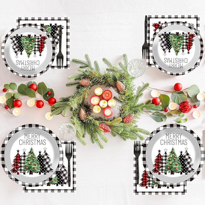 200Pcs Buffalo Plaid Christmas Tree Party Plates Napkins Christmas