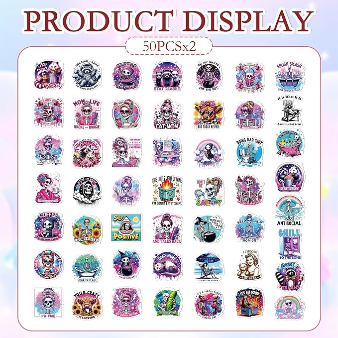 Sarcastic Skeleton Stickers for Adults - 100 Pcs Funny Skull Water