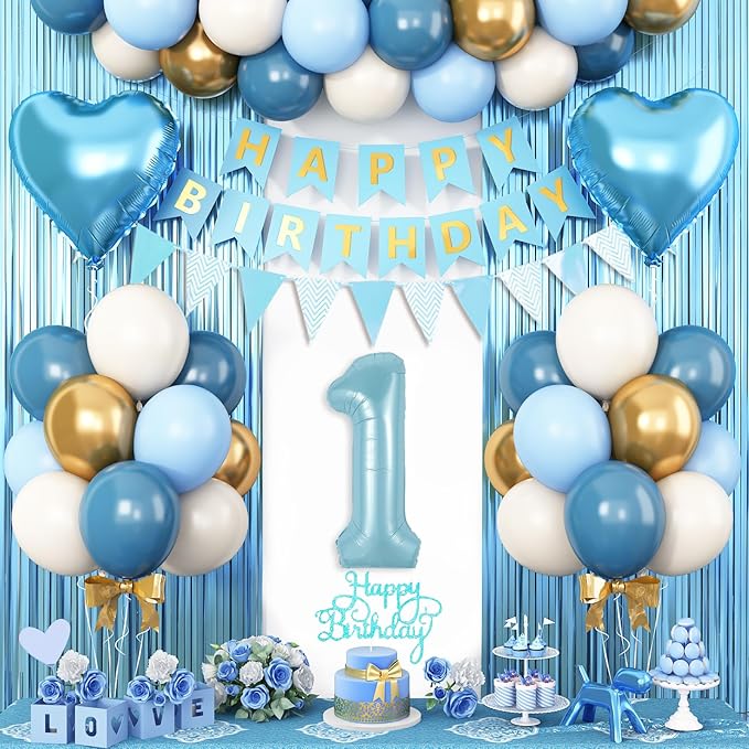 1st Birthday Decorations Blue White Gold First Birthday Balloons