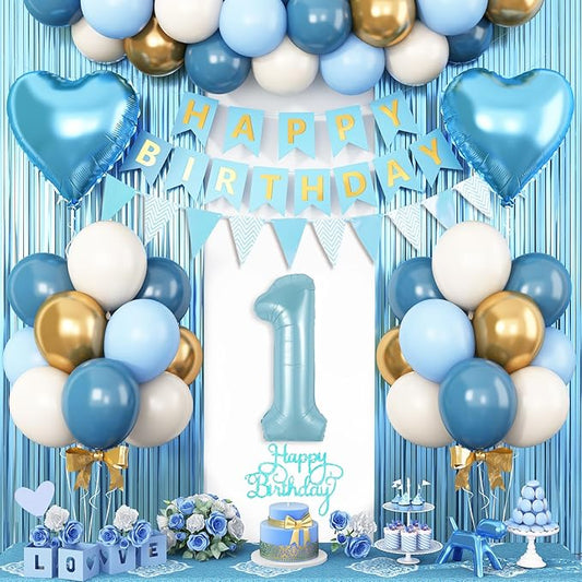 1st Birthday Decorations Blue White Gold First Birthday Balloons