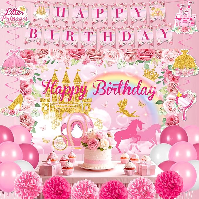 Floral Princess Birthday Party Decorations Pink Gold Princess Happy