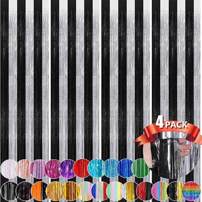 Black Silver Metallic Tinsel Foil Fringe Curtains, 4 Pack 3.3x8.3