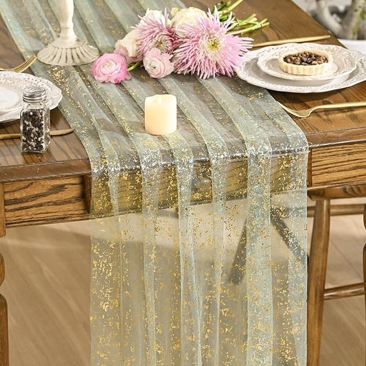 Artoid Mode 6PCS Sage Green Gold Gauze Table Runner 120 Inch 10FT,