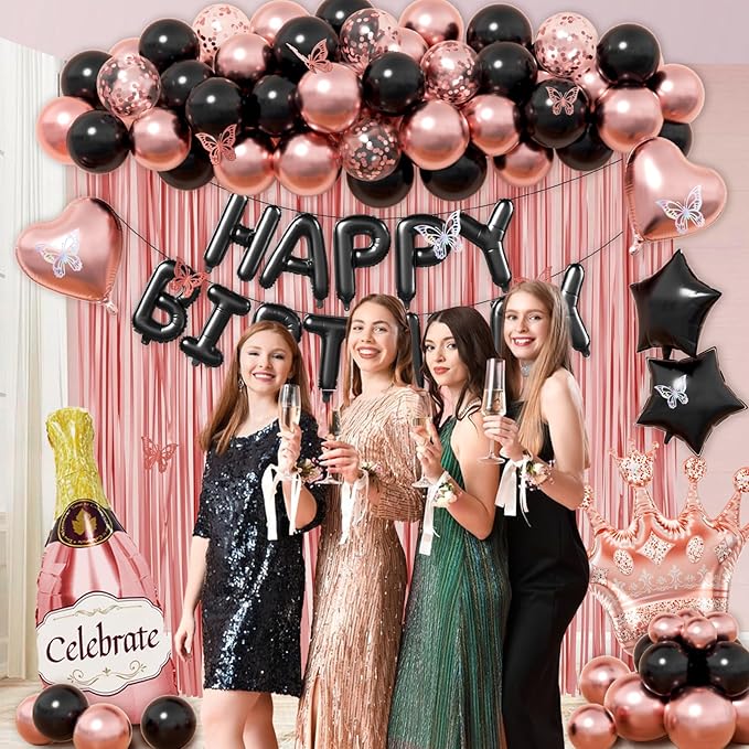 Rose Gold and Black Birthday Party Decorations with Happy Birthday