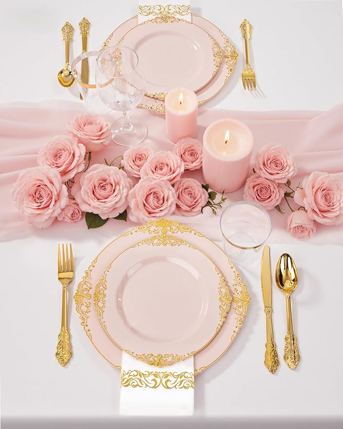 Nervure 175PCS Pink Plastic Plates - Disposable Pink Gold Party