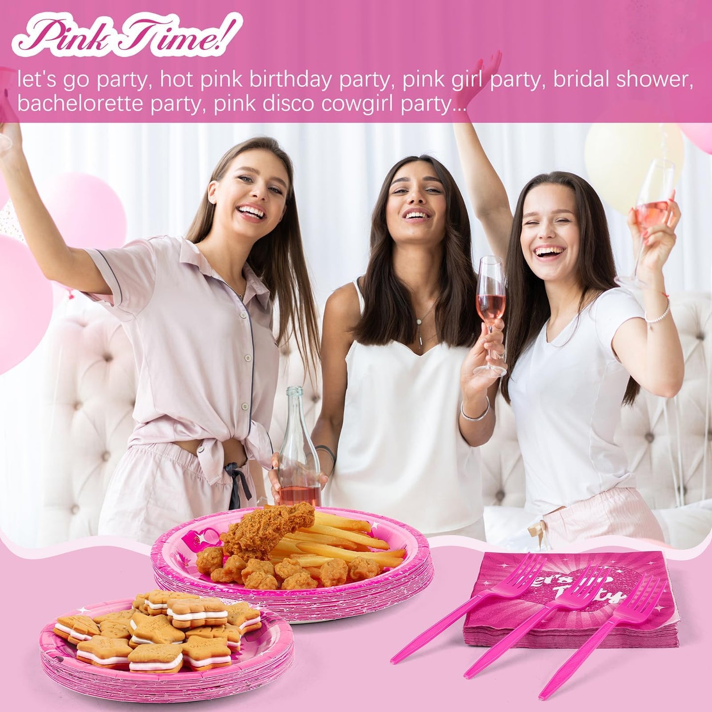 durony 96 Pieces Let's Go Party Supplies Serve 24 Guests Hot Pink