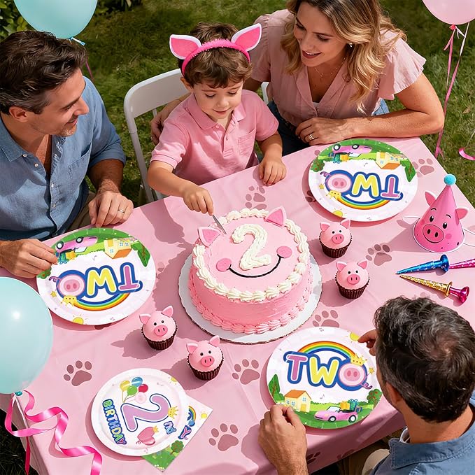 96Pcs Pink Pig 2nd Birthday Party Decorations Pink Piggy Paper Plates