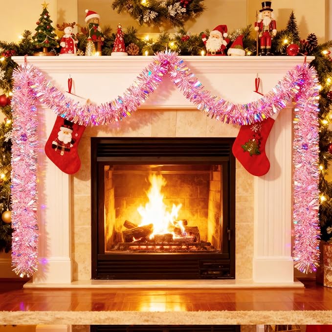 50Ft Pink Christmas Garland Decorations Valentines Day Tinsel Stems