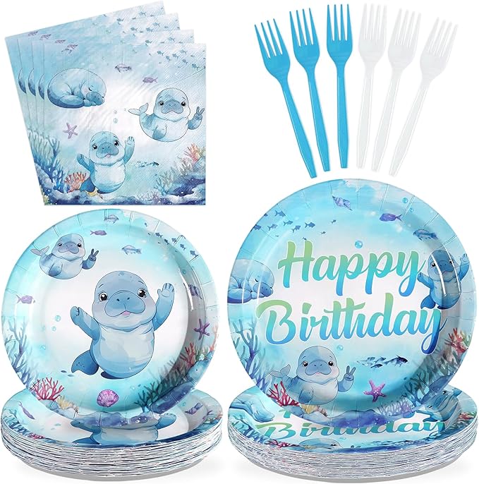 96Pcs Manatee Birthday Decorations Blue Under the Sea Plates and