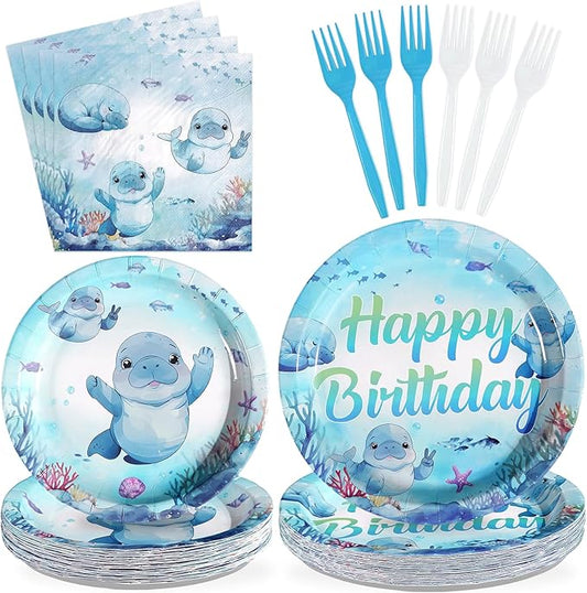 96Pcs Manatee Birthday Decorations Blue Under the Sea Plates and